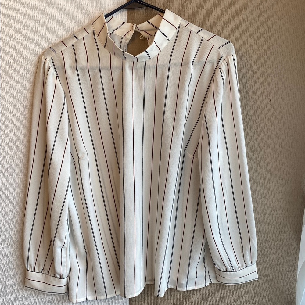 Ann Taylor White Blouse with Red and Black Stripes